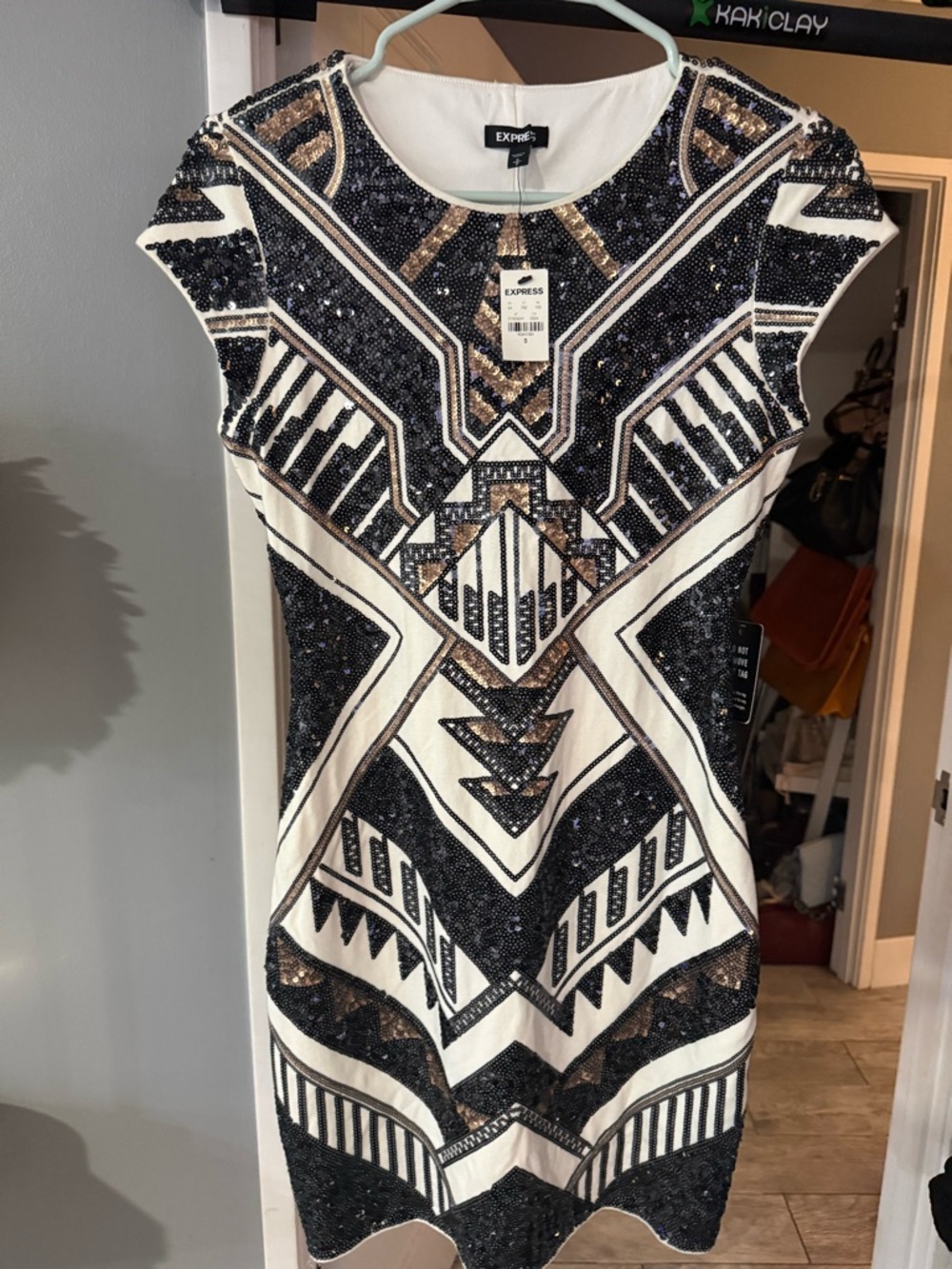 Express Black, White & Gold Sequin Mini Dress